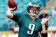 JACKSONVILLE, FL - AUGUST 24: Nick Foles #9 of the Philadelphia Eagles throws a pass during warmups before a game against the Jacksonville Jaguars at EverBank Field on August 24, 2013 in Jacksonville, Florida. (Photo by Brian Cleary/Getty Images)
