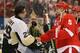 DETROIT - JUNE 12: Marc-Andre Fleury #29 of the Pittsburgh Penguins and Nicklas Lidstrom #5 of the Detroit Red Wings shake hands following Game Seven of the 2009 NHL Stanley Cup Finals at Joe Louis Arena on June 12, 2009 in Detroit, Michigan. (Photo by Br