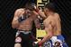 Oct 19, 2013; Houston, TX, USA; John Dodson (red gloves) fights against Darrell Montague (blue gloves) in their flyweight bout during UFC 166 at Toyota Center. Mandatory Credit: Andrew Richardson-USA TODAY Sports