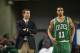 Oct 11, 2013; Newark, DE, USA; Boston Celtics head coach Brad Stevens talks with guard guard Courtney Lee (11) during the fourth quarter against the Philadelphia 76ers at Bob Carpenter Sports Convocation Center. The Sixers defeated the Celtics 97-85. Mand