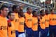 BLOEMFONTEIN, SOUTH AFRICA - JUNE 22: Thierry Henry (c)of France lines up during the national anthem alongside Sidney Govou (4th l), Patrice Evra (4th r) and Florent Malouda (3rd r) during the 2010 FIFA World Cup South Africa Group A match between Franc