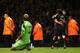 LONDON, ENGLAND - OCTOBER 19: Sergio Aguero of Manchester City is congratulated by teammate David Silva after scoring his team's third goal during the Barclays Premier League match between West Ham United and Manchester City at Boleyn Ground on October 1