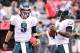 Sept. 23, 2012; Glendale, AZ, USA; Philadelphia Eagles quarterback Nick Foles (9) and quarterback Michael Vick (7) during the game against the Arizona Cardinals at University of Phoenix Stadium. The Cardinals defeated the Eagles 27 - 6. Mandatory Credit: