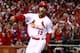 ST LOUIS, MO - OCTOBER 18: Matt Carpenter #13 of the St. Louis Cardinals reacts after scoring a run in the third inning against the Los Angeles Dodgers in Game Six of the National League Championship Series at Busch Stadium on October 18, 2013 in St Loui
