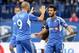Oct 19, 2013; Montreal, Quebec, CAN; Montreal Impact forward Marco Di Vaio (9) celebrates with teammate Felipe Martins (7) after scoring a goal against the Philadelphia Union during the second half at Stade Saputo. Mandatory Credit: Eric Bolte-USA TODAY S