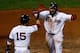 BOSTON, MA - OCTOBER 19: Jonny Gomes #5 celebrates crossing home plate after with Dustin Pedroia #15 after Shane Victorino #18 of the Boston Red Sox hit a grand slam home run against Jose Veras #31 of the Detroit Tigers in the seventh inning during Game