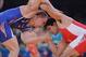 Aug 12, 2012; London, United Kingdom; Jacob Stephen Varner (USA) and Khetag Pliev (CAN) compete in the men's freestyle wrestling 96 kg quarterfinals during the London 2012 Olympic Games at ExCeL - North Arena 2. Mandatory Credit: Matt Kryger-USA TODAY Spo