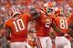 Oct 12, 2013; Clemson, SC, USA; Clemson Tigers quarterback Tajh Boyd (10) celebrates with teammate wide receiver Sammy Watkins (2) after scoring a touchdown during the second half against the Boston College Eagles at Clemson Memorial Stadium. Tigers won 2
