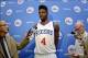 Sep 27, 2013; Philadelphia, PA, USA; Philadelphia 76ers center Nerlens Noel (4) speaks with reporters during media day at Philadelphia College of Osteopathic Medicine. Mandatory Credit: Eric Hartline-USA TODAY Sports