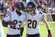 Oct 20, 2013; Landover, MD, USA; Chicago Bears kick returner Devin Hester (23) is congratulated by Chicago Bears safety Craig Steltz (20) after scoring a touchdown against the Washington Redskins during the first half at FedEX Field. Mandatory Credit: Bra