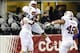 Sep 28, 2013; Seattle, WA, USA; Stanford Cardinal linebacker Trent Murphy (93) and linebacker James Vaughters (9) celebrate after Murphy intercepted and pass and scored a touchdown against the Washington State Cougars during the 2nd half at CenturyLink Fi