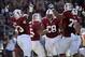 Oct 19, 2013; Stanford, CA, USA; Stanford Cardinal players celebrate in end zone after running back Tyler Gaffney (25) scored a touchdown during the fourth quarter against the UCLA Bruins at Stanford Stadium. Stanford won 24-10. Mandatory Credit: Bob Sta