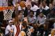 James annihilates a Tiago Splitter shot in Game 2 of the 2013 NBA Finals.