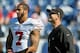 Oct 20, 2013; Nashville, TN, USA; San Francisco 49ers quarterback Colin Kaepernick (7) with head coach Jim Harbaugh during warm ups prior to the game against the Tennessee Titans at LP Field. Mandatory Credit: Jim Brown-USA TODAY Sports