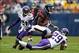 Sep 15, 2013; Chicago, IL, USA; Chicago Bears wide receiver Brandon Marshall (15) catches a pass between Minnesota Vikings cornerback Xavier Rhodes (29) and cornerback Josh Robinson (21) during the second quarter at Soldier Field. Mandatory Credit: Jerry