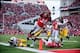 Oct 19, 2013; Columbus, OH, USA; Ohio State Buckeyes running back Carlos Hyde (34) dives into the end zone for a touchdown during the fourth quarter against the Iowa Hawkeyes at Ohio Stadium. Mandatory Credit: Andrew Weber-USA TODAY Sports
