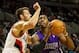 Oct 20, 2013; Portland, OR, USA; Sacramento Kings power forward Jason Thompson (34) drives to the basket over Portland Trail Blazers power forward Joel Freeland (19) in the first half at Moda Center. Mandatory Credit: Jaime Valdez-USA TODAY Sports