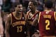 Apr 5, 2013; Boston, MA, USA; Cleveland Cavaliers power forward Tristan Thompson (13), shooting guard C.J. Miles (0) and point guard Kyrie Irving (2) celebrate against the Boston Celtics during the second half at TD Garden. Mandatory Credit: Mark L. Baer