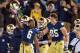 Oct 19, 2013; South Bend, IN, USA; Notre Dame Fighting Irish cornerback KeiVarae Russell (6) and tight end Troy Niklas (85) celebrate in the fourth quarter against the USC Trojans at Notre Dame Stadium. Notre Dame won 14-10. Mandatory Credit: Matt Cashore