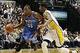 Apr 6, 2012; Indianapolis, IN, USA; Oklahoma City Thunder forward Kevin Durant (35) drives to the basket against Indiana Pacers forward Paul George (24) at Bankers Life Fieldhouse. Indiana defeated Oklahoma City 103-98. Mandatory Credit: Brian Spurlock-U