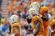 Oct 19, 2013; Knoxville, TN, USA; Tennessee Volunteers wide receiver Jason Croom (18) congratulates wide receiver Marquez North (8) for catching a pass against the South Carolina Gamecocks during the second half at Neyland Stadium. Tennessee won 23-21. Ma