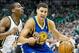 Oct 8, 2013; Salt Lake City, UT, USA; Golden State Warriors shooting guard Klay Thompson (11) is defended by Utah Jazz point guard Alec Burks (10) during the first half at EnergySolutions Arena. Mandatory Credit: Russ Isabella-USA TODAY Sports