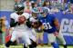 Oct 6, 2013; East Rutherford, NJ, USA; New York Giants defensive end Justin Tuck (91) puts pressure on Philadelphia Eagles quarterback Michael Vick (7) during the first half at MetLife Stadium. Mandatory Credit: Jim O'Connor-USA TODAY Sports