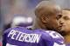 Oct 13, 2013; Minneapolis, MN, USA; Minnesota Vikings running back Adrian Peterson (28) walks along the sideline late in the game with the Carolina Panthers at Mall of America Field at H.H.H. Metrodome. Panthers win 35-10. Mandatory Credit: Bruce Kluckhoh