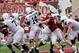 Oct 5, 2013; Bloomington, IN, USA; Indiana Hoosiers defensive end Nick Mangieri (56) knocks the ball away from Penn State Nittany Lions quarterback Christian Hackenberg (14) for a safety at Memorial Stadium. Mandatory Credit: Pat Lovell-USA TODAY Sports