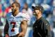 Oct 20, 2013; Nashville, TN, USA; San Francisco 49ers quarterback Colin Kaepernick (7) with head coach Jim Harbaugh during warm ups prior to the game against the Tennessee Titans at LP Field. Mandatory Credit: Jim Brown-USA TODAY Sports