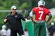 Jul 27, 2013; Cortland, NY, USA; New York Jets quarterback Geno Smith (7) and offensive coordinator Marty Mornhinweg talk during training camp at SUNY Cortland. Mandatory Credit: Rich Barnes-USA TODAY Sports