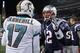 Dec 30, 2012; Foxborough, MA, USA; New England Patriots quarterback Tom Brady (12) greets Miami Dolphins quarterback Ryan Tannehill (17) after the game at Gillette Stadium. The New England Patriots defeated the Miami Dolphins 28-0. Mandatory Credit: David