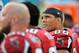 Sep 22, 2013; Miami Gardens, FL, USA; Atlanta Falcons tight end Tony Gonzalez (88) looks on from the bench during the second half against the Miami Dolphins at Sun Life Stadium. Mandatory Credit: Steve Mitchell-USA TODAY Sports