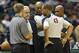 Oct 25, 2013; Milwaukee, WI, USA; Milwaukee Bucks executive vice president John Steinmiller discusses the condition of the floor with referee Danny Crawford (43) during the first quarter of the game against the Toronto Raptors at BMO Harris Bradley Center