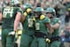 Oct 26, 2013; Eugene, OR, USA; Oregon Ducks offensive linesman Hamani Stevens (54) celebrates with running back Byron Marshall (9) following a touchdown against the UCLA Bruins at Autzen Stadium. Mandatory Credit: Scott Olmos-USA TODAY Sports