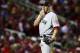 Oct 26, 2013; St. Louis, MO, USA; Boston Red Sox starting pitcher Jake Peavy (44) reacts during the fourth inning of game three of the MLB baseball World Series against the St. Louis Cardinals at Busch Stadium. Mandatory Credit: Jeff Curry-USA TODAY Sport