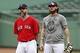 Oct 10, 2013; Boston, MA, USA; Boston Red Sox second baseman Dustin Pedroia (left), catcher David Ross (middle) and catcher Jarrod Saltalamacchia (right) during a team workout in preparation for the American League Championship Series at Fenway Park. Mand