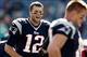 Oct 27, 2013; Foxborough, MA, USA; New England Patriots quarterback Tom Brady (12) encourages his teammates before their game against the Miami Dolphins at Gillette Stadium. Mandatory Credit: Winslow Townson-USA TODAY Sports