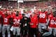 Oct 19, 2013; Columbus, OH, USA; Ohio State Buckeyes running back Carlos Hyde (34), Shelley Meyer and Urban Meyer celebrate after defeating Iowa Hawkeyes 34-24 at Ohio Stadium. Mandatory Credit: Andrew Weber-USA TODAY Sports