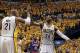 May 18, 2013; Indianapolis, IN, USA; Indiana Pacers forwards Paul George (24) and David West (21) high five each other as they defeat the New York Knicks in game six of the second round of the 2013 NBA Playoffs at Bankers Life Fieldhouse. Indiana defeats