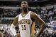 May 26, 2013; Indianapolis, IN, USA; Indiana Pacers center Roy Hibbert (55) during the game three of the Eastern Conference finals of the 2013 NBA Playoffs against the Miami Heat at Bankers Life Fieldhouse. The Heat won 114-96. Mandatory Credit: Pat Lovel