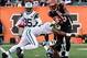 Oct 27, 2013; Cincinnati, OH, USA; Cincinnati Bengals wide receiver Brandon Tate (19) is tripped up by New York Jets free safety Antonio Allen (39) and New York Jets cornerback Antonio Cromartie (31) during the first half at Paul Brown Stadium. Mandatory