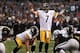 Oct 27, 2013; Oakland, CA, USA; Pittsburgh Steelers quarterback Ben Roethlisberger (7) calls out to his teammates before the snap against the Oakland Raiders during the fourth quarter at O.co Coliseum. The Oakland Raiders defeated the Pittsburgh Steelers