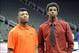 Oct 22, 2013; Kansas City, MO, USA; Oklahoma State guard Marcus Smart and Kanas guard Andrew Wiggins pose for a photo during the Big 12 media day at Sprint Center. Mandatory Credit: Denny Medley-USA TODAY Sports