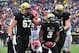 Oct 19, 2013; Nashville, TN, USA; Vanderbilt Commodores running back Jerron Seymour (3) celebrates with lineman Wesley Johnson (67) and tight end Steven Scheu (81) after Seymour scored a touchdown against the Georgia Bulldogs during the first half at Vand