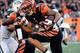 Oct 27, 2013; Cincinnati, OH, USA; Cincinnati Bengals wide receiver Marvin Jones (82) looks ahead during a run against the New York Jets during the first half at Paul Brown Stadium. Mandatory Credit: Marc Lebryk-USA TODAY Sports