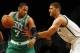 Oct 15, 2013; Brooklyn, NY, USA; Brooklyn Nets center Brook Lopez (11) defends against Boston Celtics power forward Jared Sullinger (7) in the quarter of pre-season NBA game at Barclays Center. Mandatory Credit: Noah K. Murray-USA TODAY Sports