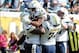 Oct 20, 2013; Jacksonville, FL, USA; San Diego Chargers running back Ryan Mathews (24) celebrates a touchdown run with tackle D.J. Fluker (76) and center Rich Ohrnberger (74) during the second half of the game against the Jacksonville Jaguars at EverBank