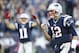 Oct 13, 2013; Foxborough, MA, USA; New England Patriots quarterback Tom Brady (12) celebrates a touchdown against the New Orleans Saints during the first half at Gillette Stadium. Mandatory Credit: Mark L. Baer-USA TODAY Sports