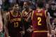 Apr 5, 2013; Boston, MA, USA; Cleveland Cavaliers power forward Tristan Thompson (13), shooting guard C.J. Miles (0) and point guard Kyrie Irving (2) celebrate against the Boston Celtics during the second half at TD Garden. Mandatory Credit: Mark L. Baer